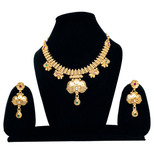 Gold Gemstones Rajwada Necklace Set