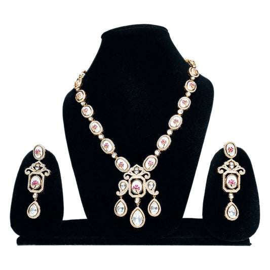 Pink & White Kundan Pendant Necklace Set