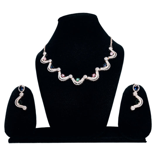 Wavy Silver Design with Multi-Stone Necklace Set