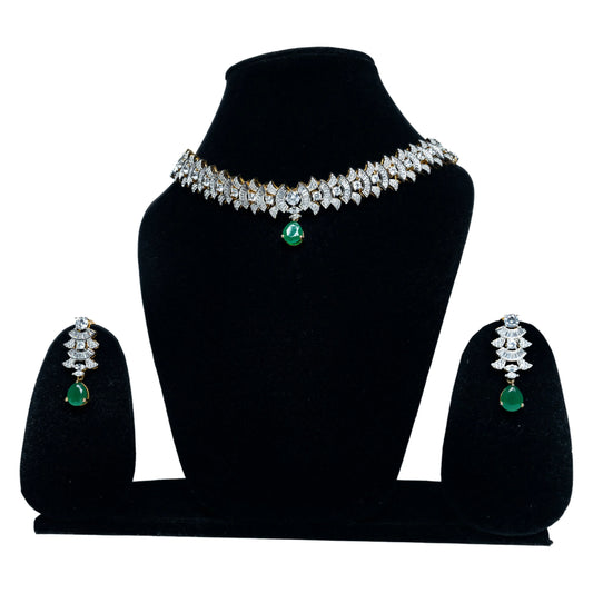 AD Choker with Green Stone Drops Diamond Necklace Set