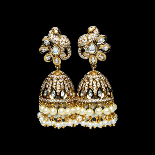 Peacock Design Jhumke – Pearl & Kundan Earrings for Women