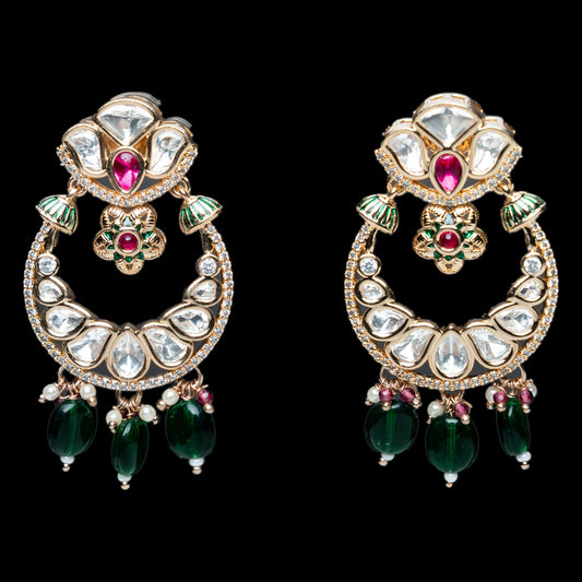 Round Green Drop Bridal Design Kundan Earrings
