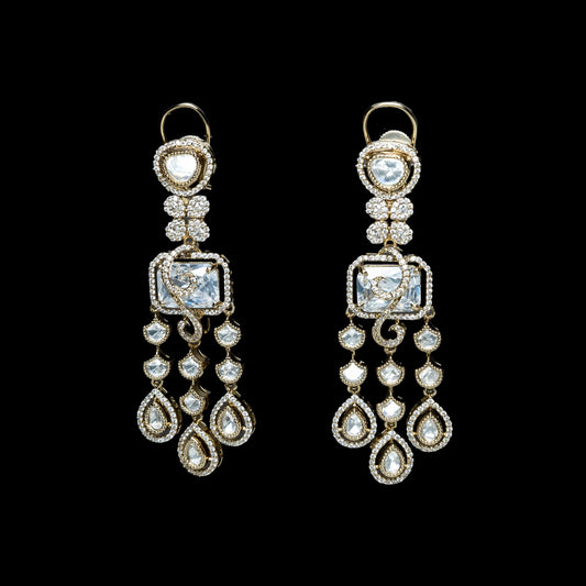 Long Dangling White AD Design Kundan Earrings