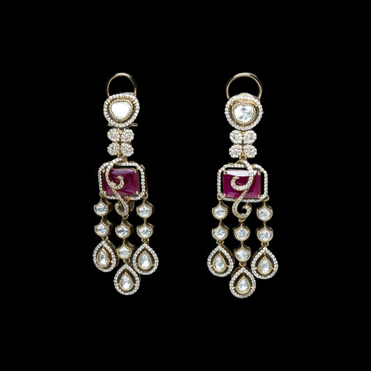 Red & White Long Dangler Kundan Earrings