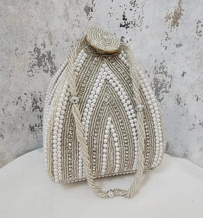 Elegant White Pearl & Gold Beaded Potli Bag for Weddings & Parties Bag Collection